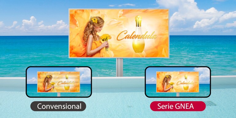 Hay una pantalla LED y la pantalla se está viendo con dos cámaras de teléfonos móviles. A pesar de mostrar el mismo anuncio, la pantalla convencional muestra barras negras, pero la serie GNEB muestra claramente la pantalla original.