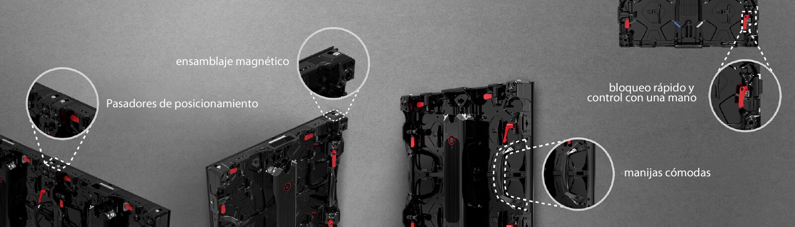 Las partes 'pasadores de posicionamiento', 'ensamblaje magnético', 'manijas cómodas', 'bloqueo rápido y control con una mano' en el gabinete están ampliadas.