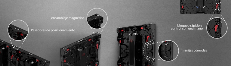 Las partes 'pasadores de posicionamiento', 'ensamblaje magnético', 'manijas cómodas', 'bloqueo rápido y control con una mano' en el gabinete están ampliadas.