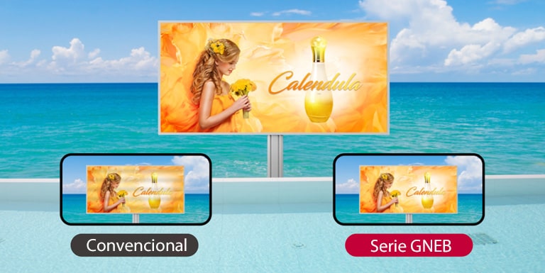 Hay una pantalla LED y la pantalla se está viendo con dos cámaras de teléfonos móviles. A pesar de mostrar el mismo anuncio, la pantalla convencional muestra barras negras, pero la serie GNEB muestra claramente la pantalla original.