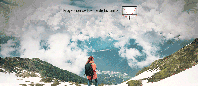 Una persona se encuentra de pie en una montaña nevada. En esta escena, los bordes de la pantalla se oscurecen con la proyección de fuente de luz única, mientras que la pantalla LED autoemisiva muestra el color de manera clara y nítida.