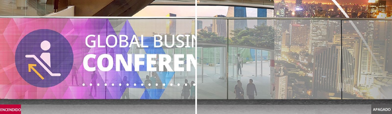 La película LED transparente de LG muestra información cuando se enciende y refleja el fondo detrás del producto cuando se apaga.