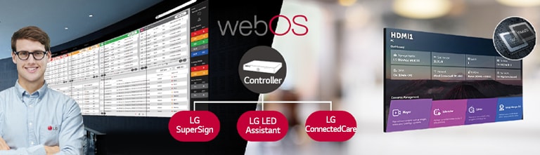 "El empleado de LG está monitoreando de forma remota la serie GNEB instalada en un lugar diferente mediante el uso de una solución de monitoreo de LG basada en la nube. El controlador del sistema con webOS permite que la serie GNEB sea compatible con las soluciones de software de LG."