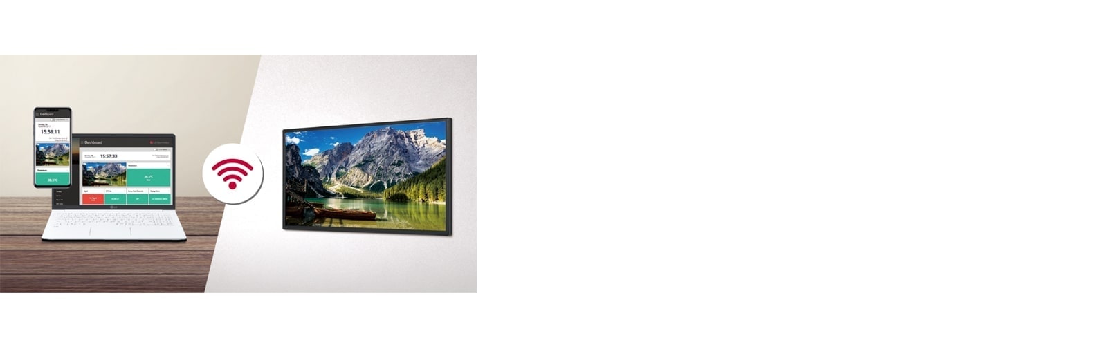 Esta imagen muestra que el contenido establecido en la página del Administrador de control y el contenido que se muestra en la señalización es el mismo. Indica que la serie SM5J se puede controlar y monitorear de forma remota en un lugar diferente con dispositivos como un teléfono móvil y una computadora portátil, a través del Administrador de control.