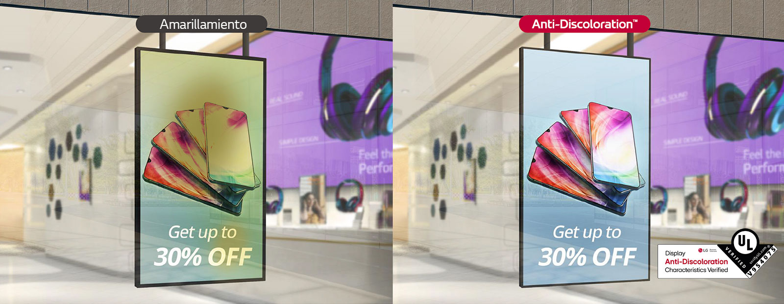 El lado izquierdo de la pantalla se vuelve amarillento, lo que degrada su calidad, pero con XS4P, que adquirió la verificación UL para funciones antidecoloración de pantalla, la pantalla es clara, salvaguardando la calidad de la pantalla.