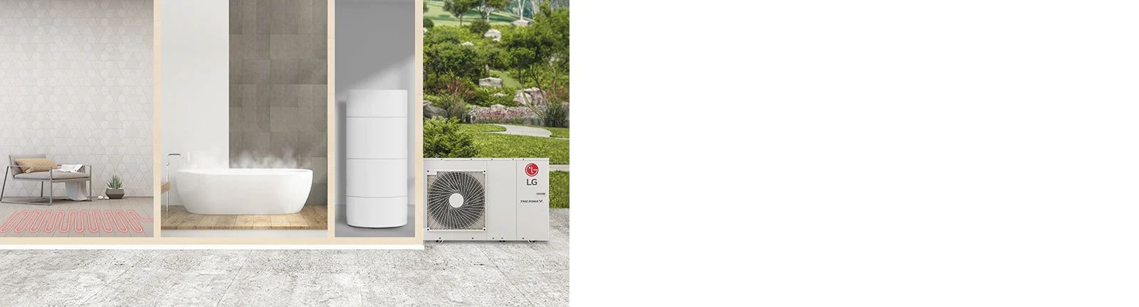 Imagen que muestra una sala de estar, un baño, un cuarto de calderas y el exterior de la casa.