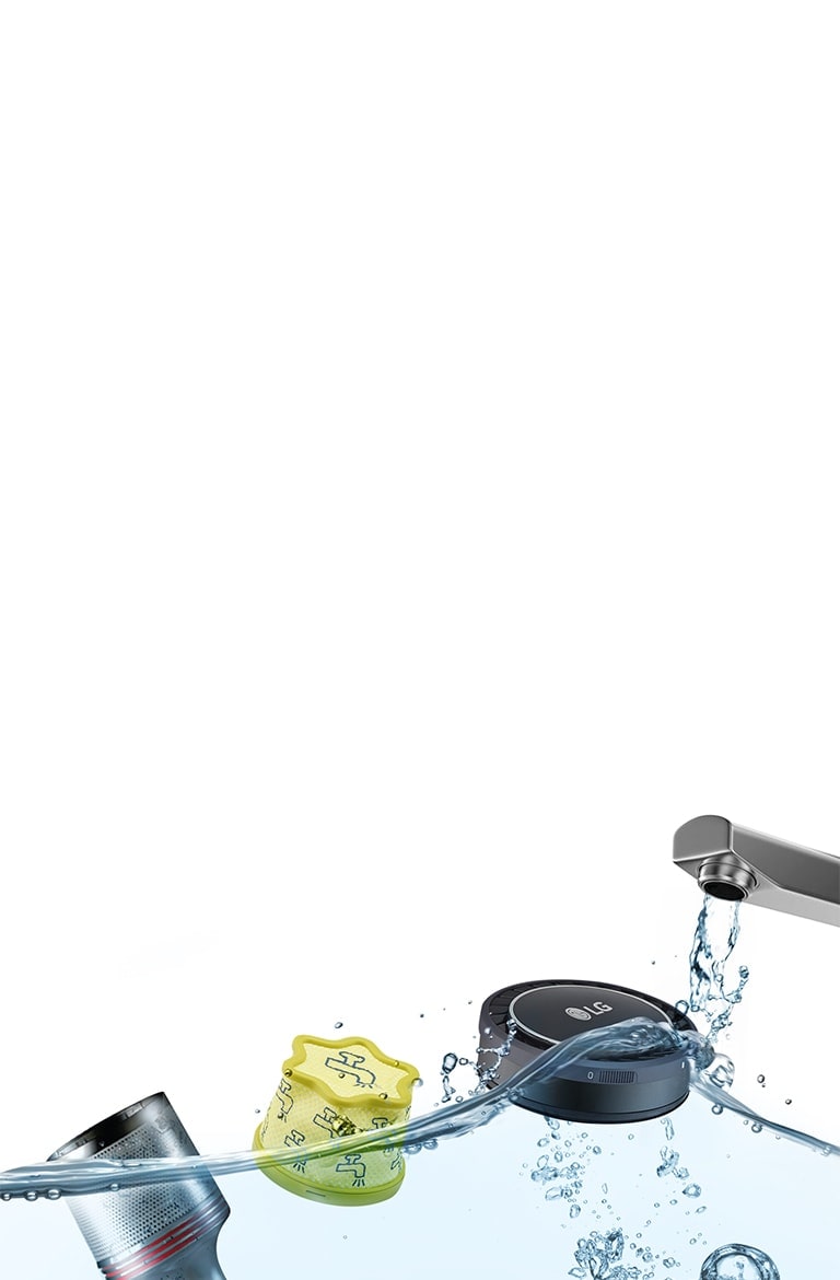 Ciclones y filtros lavables para el mantenimiento simple de la aspiradora de pie LG CordZero™ A9, en negro