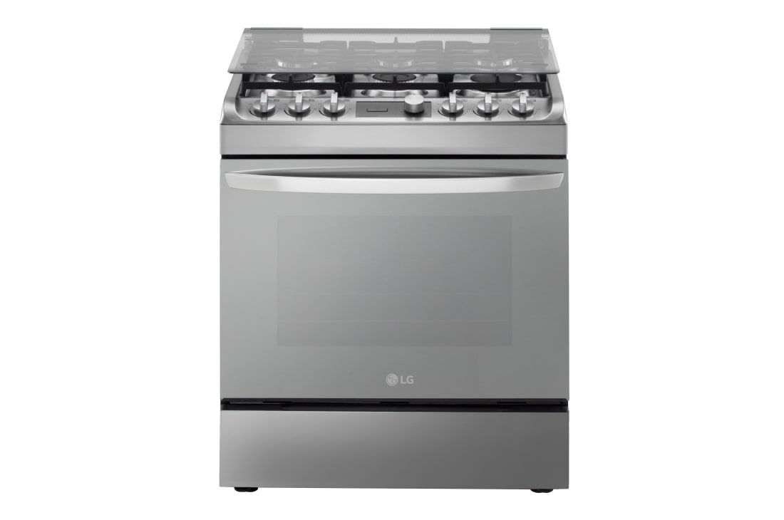 LG Cocina a Gas de Acero Inoxidable con 6 quemadores, 153 litros de Capacidad y tecnología EasyClean™  y Bloqueo Automático de Gas, Vista Frontal de la Cocina a Gas LG Cancún RSG314M con 153 litro de capacidad, RSG314M