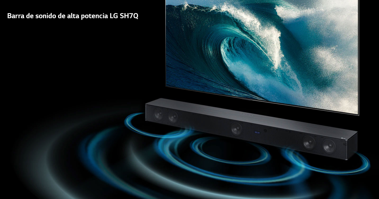El televisor LG se encuentra en el espacio infinito, mostrando una gran escena de olas. La barra de sonido LG está debajo del televisor. Se ven ondas debajo de la barra de sonido.