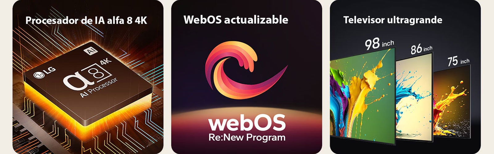 Duas imagens quadradas são exibidas em uma fileira horizontal. Na primeira imagem à esquerda, o chip do Processador alpha 8 AI 4K é mostrado com uma luz alaranjada emanando de baixo. Na segunda imagem à direita, as TVs QNED89, QNED90 e QNED99 da LG são mostradas em ordem da esquerda para a direita. Cada TV mostra um respingo de cores e as palavras "TV Ultra Grande" são exibidas acima das TVs.