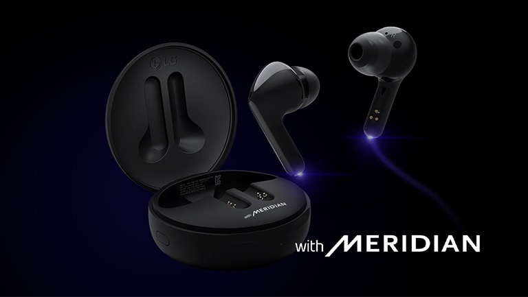 Una imagen de auriculares flotando sobre una base abierta con iluminación azul que resalta los vástagos inferiores de los auriculares