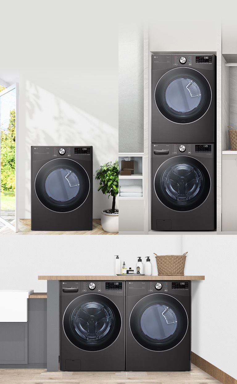 La secadora y la lavadora se pueden emparejar una al lado de la otra o apilarse. Solo Dryer se puede usar como un solo tipo.