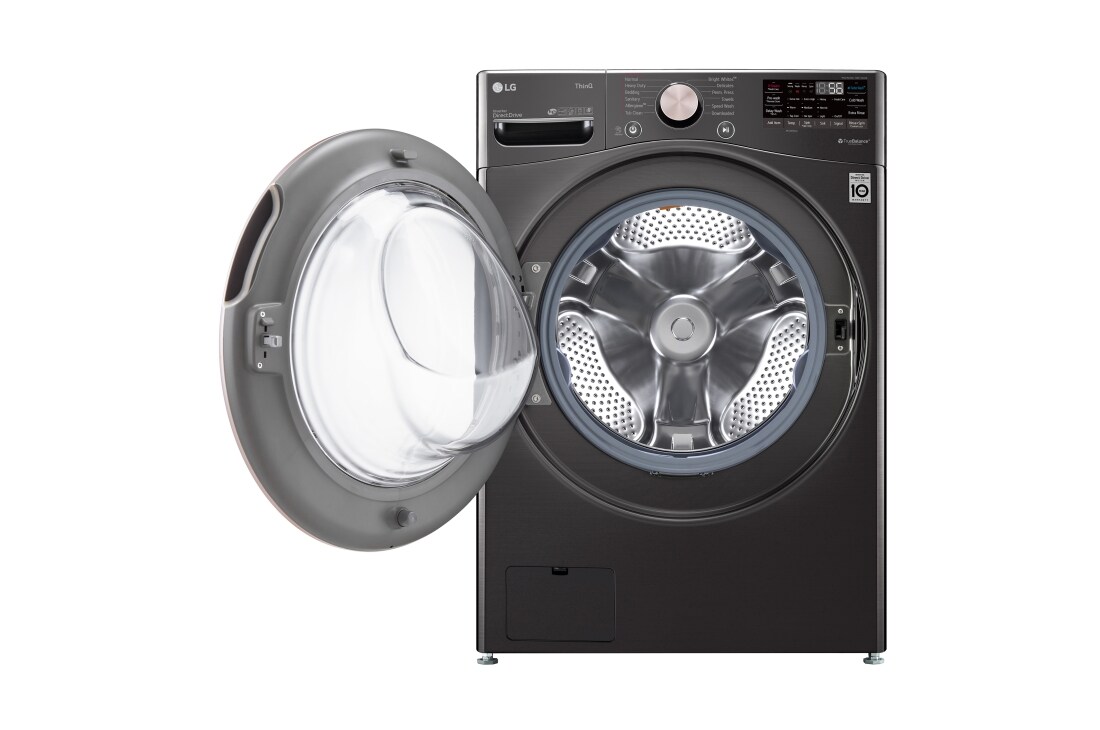 LG Lavadora Inverter Direct Drive de Carga Frontal 22kg/48lbs con 6 Motion DD, TurboWash, AI ThinQ, color Acero Negro, Imagen frontal de Lavadora de Carga Frontal WM22BV2S6BR con puerta abierta, WM22BV2S6BR, thumbnail 13