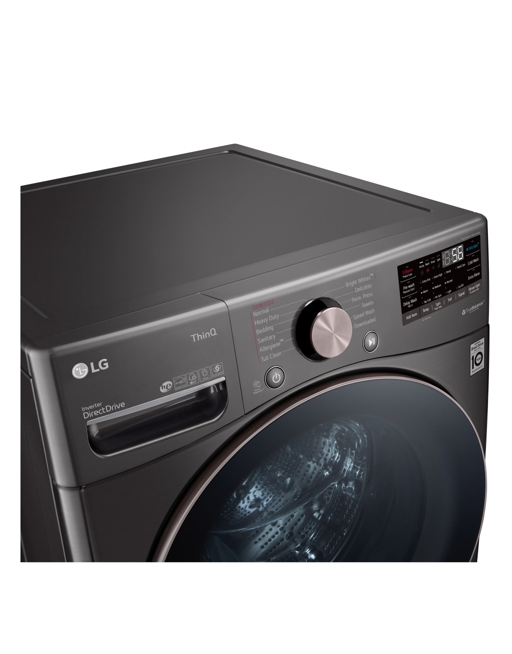 LG Lavadora Carga Frontal 25kg/55lbs LG WM25BV2S6BR TurboWash™ 360° Black Steel, left prospective view, WM25BV2S6BR