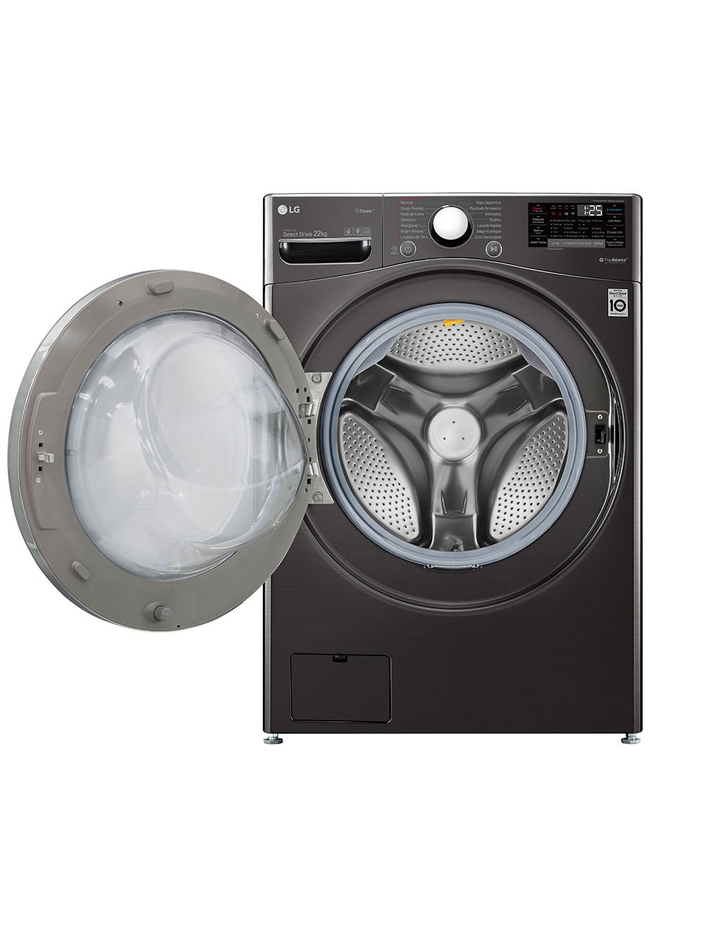 LG Lavadora Carga Frontal 25kg/55lbs LG WM25BV2S6BR TurboWash™ 360° Black Steel, front view open , WM25BV2S6BR