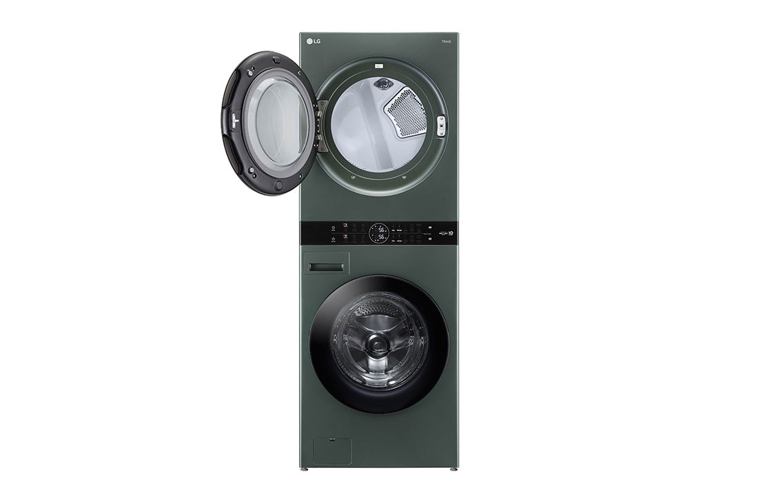 LG Torre de Lavado WashTower™ LG ThinQ™ 25Kg (lavado)/ 22Kg (Secado Eléctrica) AI Direct Drive™ Steam Color Verde, front view with top door open, WK25GGS6E, thumbnail 4