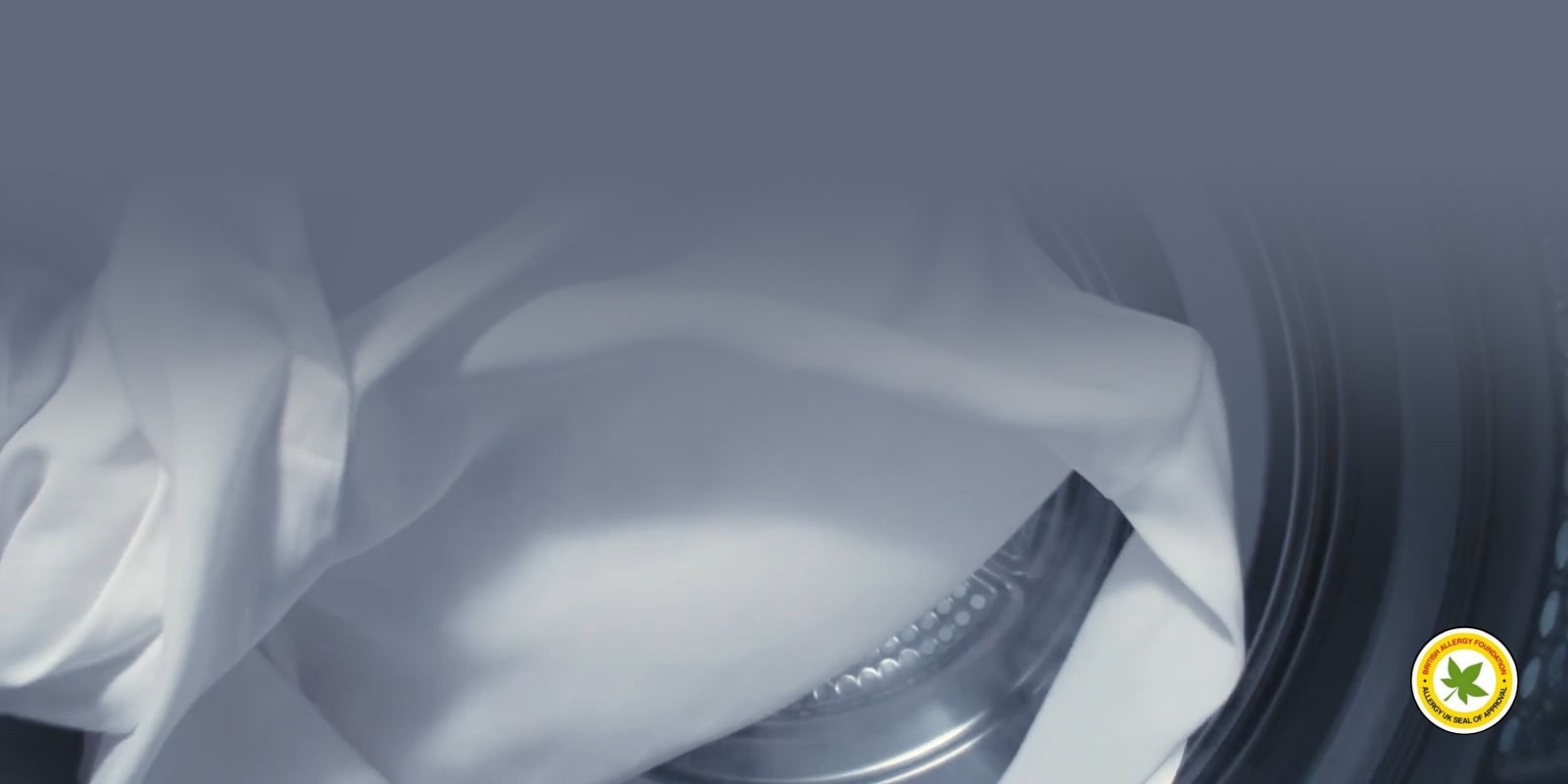 Se ve una prenda blanca dentro de la máquina con una nube de vapor rodeándola. El logotipo certificado libre de alérgenos se encuentra en la esquina inferior derecha.