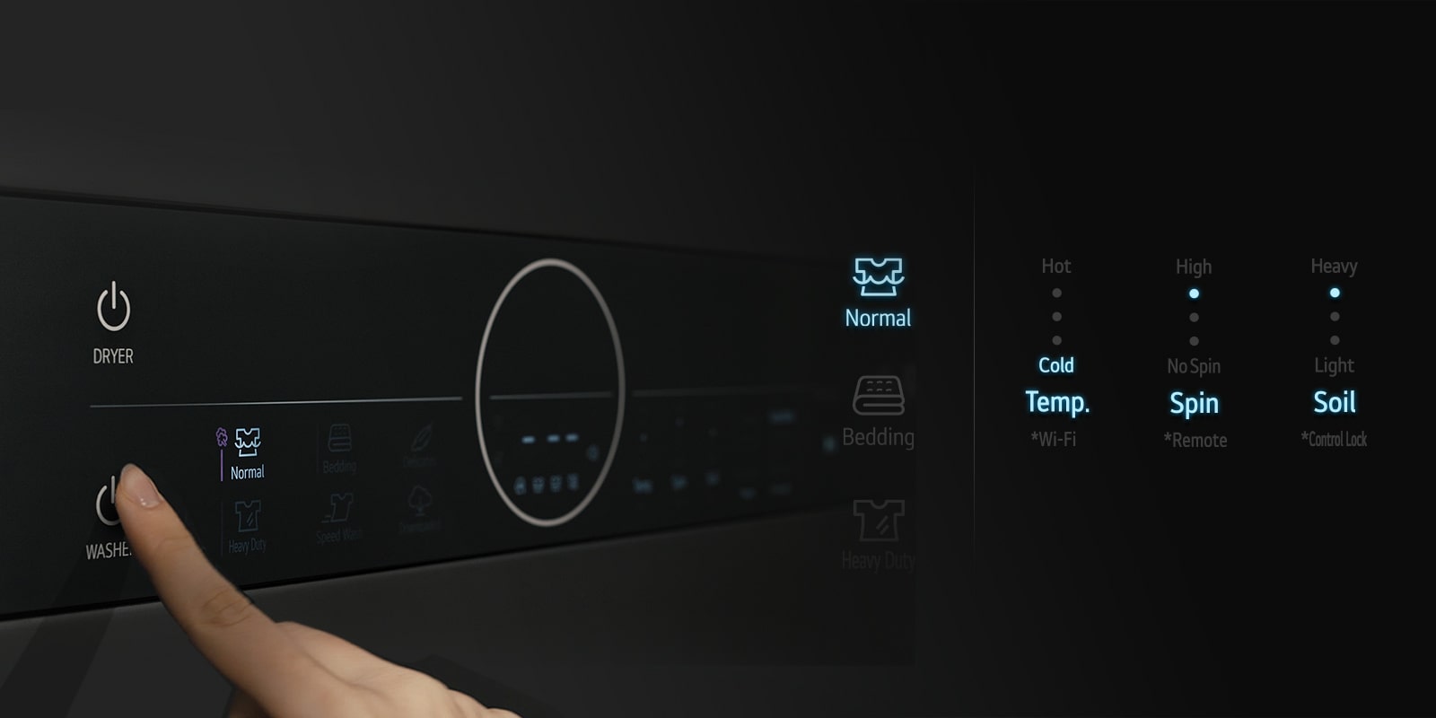 Una vista frontal de los botones de ciclo con algunos encendidos indicando qué ciclo se ha elegido. Una imagen inferior muestra un dedo presionando los botones en el panel para configurar el ciclo.