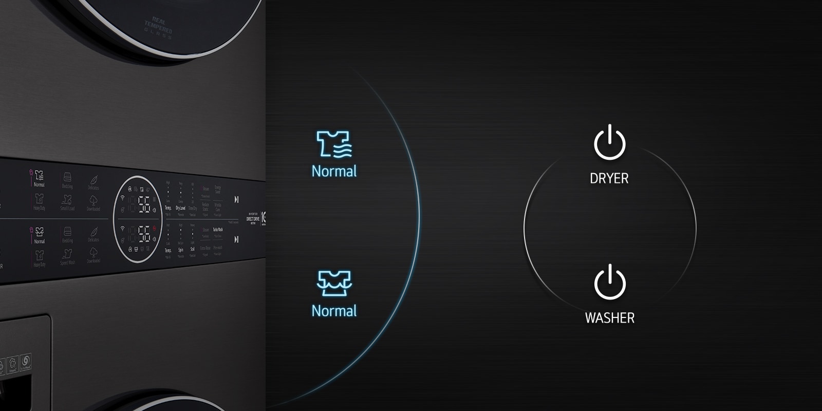Se muestra una vista en ángulo lateral del panel de control frontal con varios botones iluminados. En el lateral hay una imagen ampliada de los botones de encendido de la lavadora y la secadora configurados en ciclo normal.