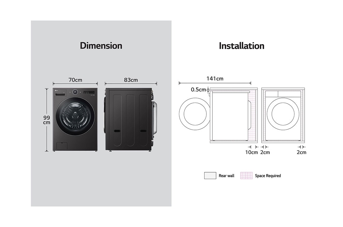 LG 22kg AI DD™ TurboWash360™ Washing Machine with Steam™ in Black Steel, Dimension & Installation, WM23BFXS6, thumbnail 15