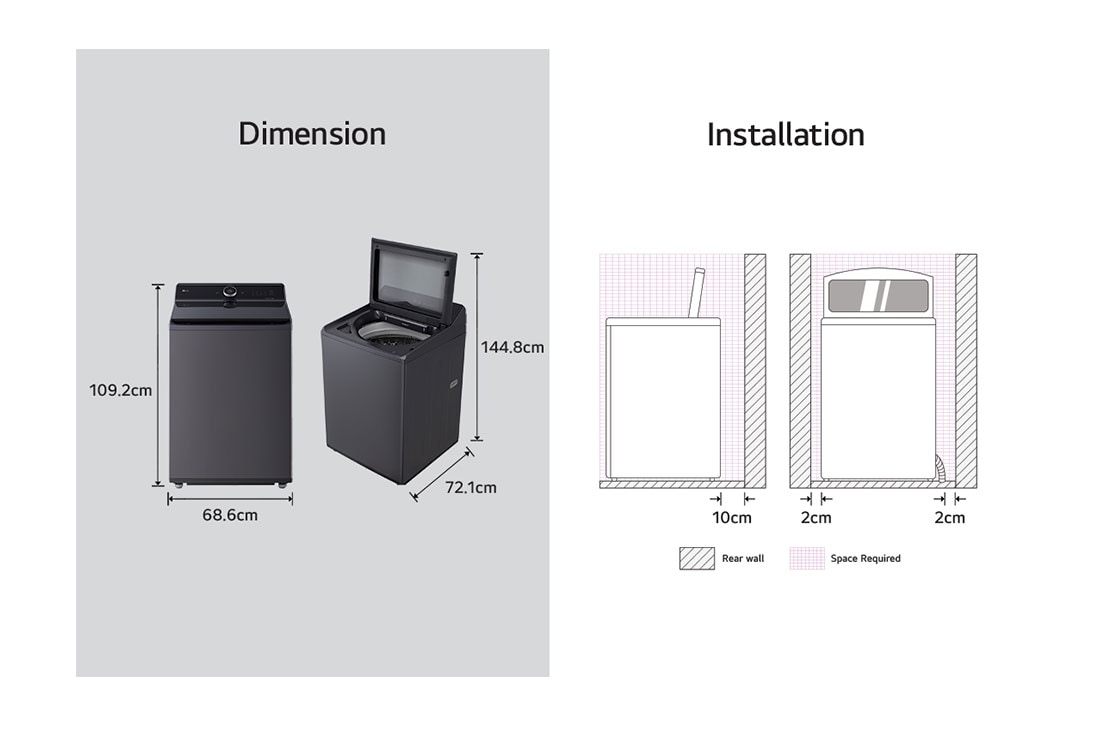 LG Lavadora LG Carga Superior AI DD™ (Inteligencia Artificial) TurboWash 3D™ con Panel LCD + LED 28kg - Color Grafito, image for dimension and installation of LG Top Loading Washing Machine, WT28EGTX6, thumbnail 7