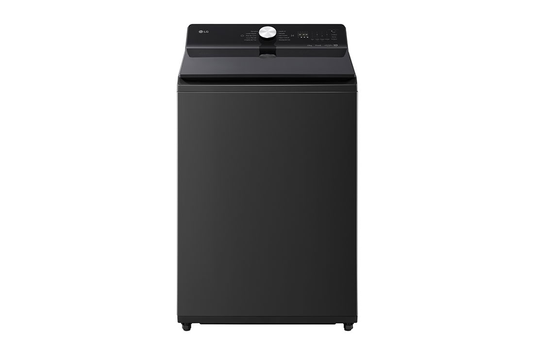 LG Lavadora LG Carga Superior AI DD™ (Inteligencia Artificial) TurboWash™ con Perilla + Panel LED táctil 22kg - Color Negro Ónix - WT22OBTX6 AI DD™, front view of 27kg Top Load Washing Machine Black Steel - AI DD™, 6 Motion™, TurboWash3D™ WT25EWTX6.AGWEECD, WT22OBTX6