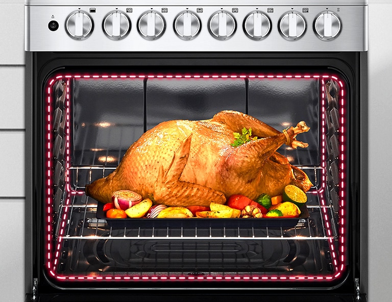 La puerta del horno está abierta y dentro hay pollo rostizando