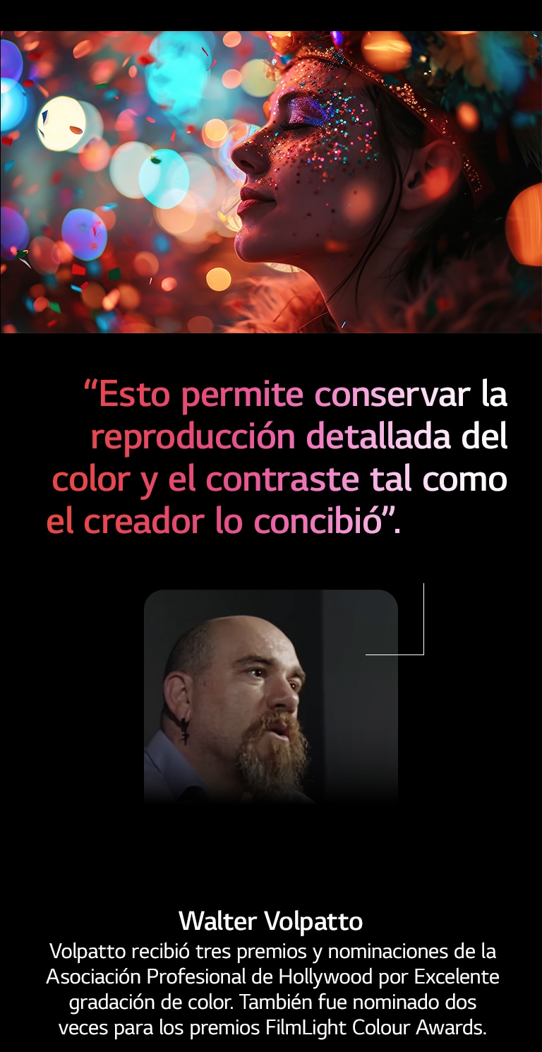 Un sujeto contra un fondo colorido con bokeh. Se resalta una cita de Walter Volpatto, un destacado director de fotografía, que habla sobre AI Director Processing: “Esto permite conservar la reproducción detallada del color y el contraste tal como el creador lo concibió”. 