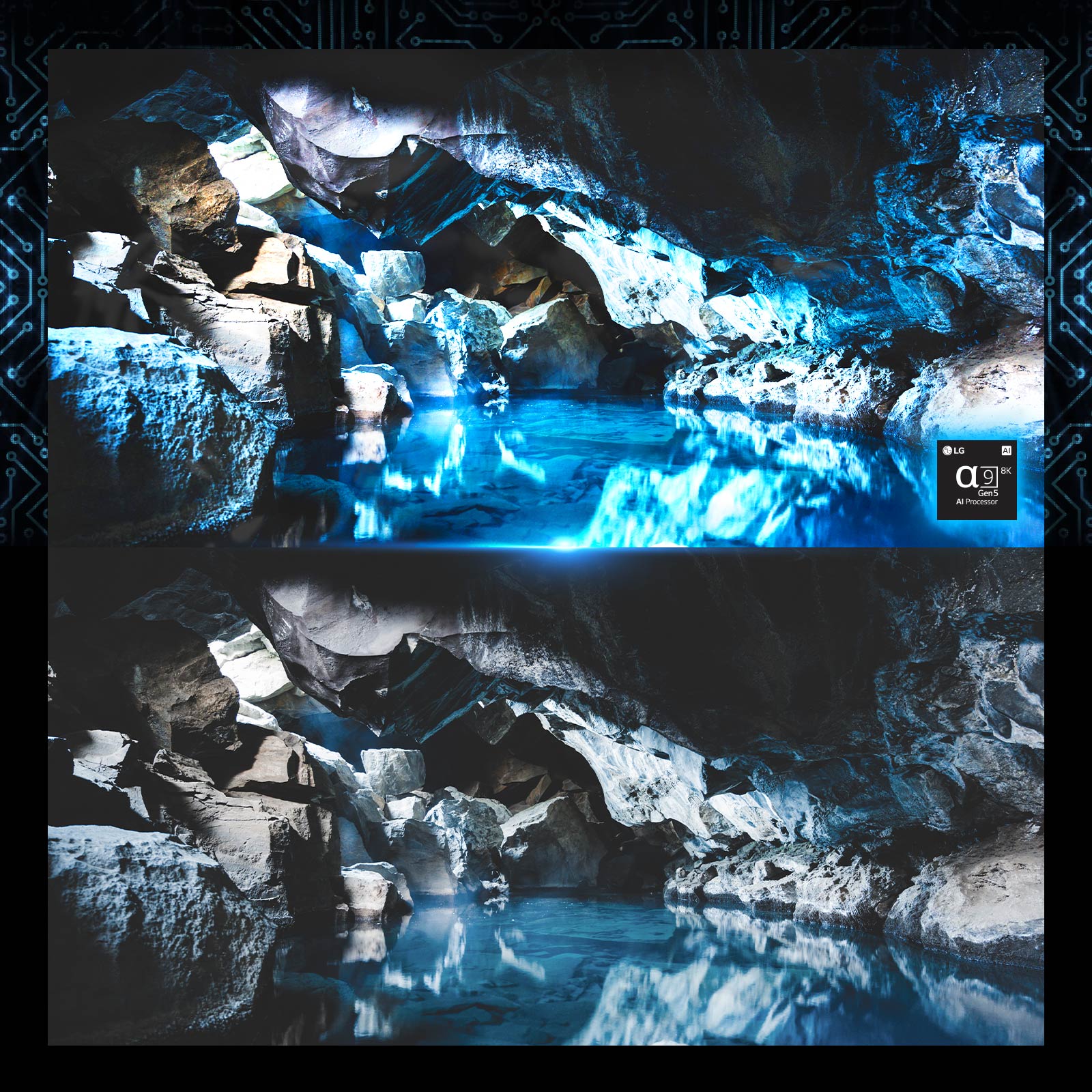 Hay una imagen del interior de la cueva azul oscuro y una del chip del procesador en la esquina inferior derecha. Hay una misma imagen de cueva azul oscura justo debajo, pero más pálida.