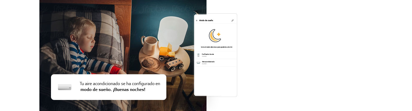 La imagen muestra un niño durmiendo en su cama. A su lado, hay una pantalla de la aplicación LG ThinQ que muestra la configuración del aire acondicionado en la habitación.
