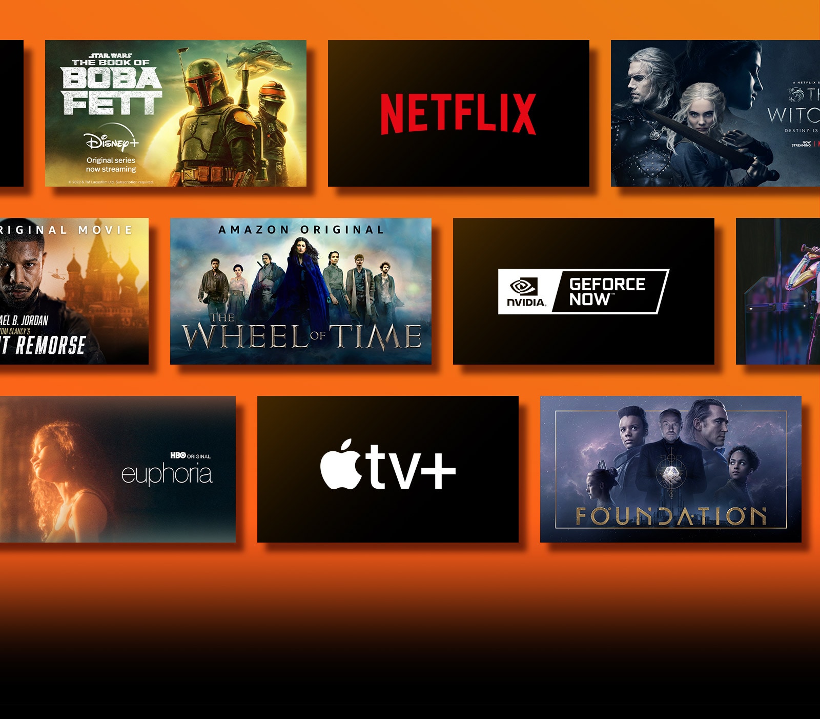 Hay logotipos de plataformas de servicios de transmisión y metrajes coincidentes justo al lado de cada logotipo. Logotipo de Netflix y robo de dinero y The Witcher. Logotipo de Disney y Boba Fett. Logotipo de Prime Video y Without Remorse and The Wheel of Time. Logotipo de Livenow e imagen promocional de mamamoo y de OneUs. Logotipo de HBO Max y de The Wire and Euphoria. Logotipo de Apple TV plus y Foundation and Finch. 