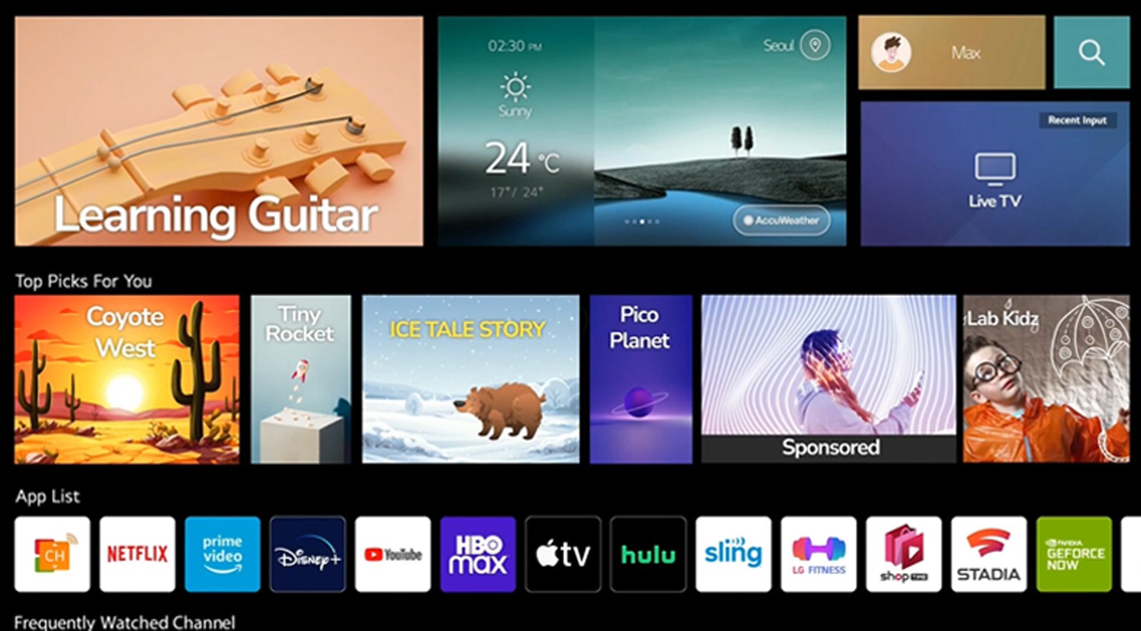 Una pantalla muestra la pantalla de inicio de Max que está personalizada para Max y se selecciona el perfil de Rachel y la pantalla cambia para mostrar la pantalla de inicio de Rachel que está personalizada para Rachel. 