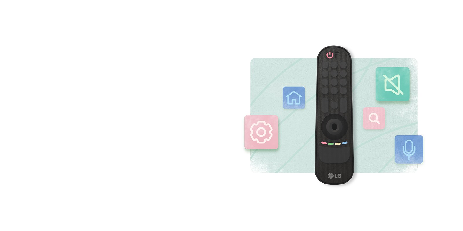 Una ilustración del control remoto con iconos coloridos que explican la función de cada botón.