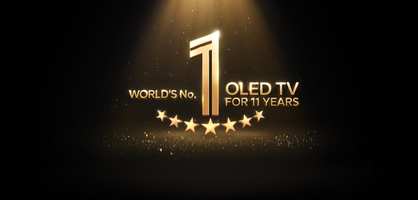 Un emblema dorado de “OLED TV n.º 1 del mundo durante 11 años” contra un fondo negro. Una luz se proyecta sobre el emblema y estrellas doradas abstractas ocupan el espacio.  