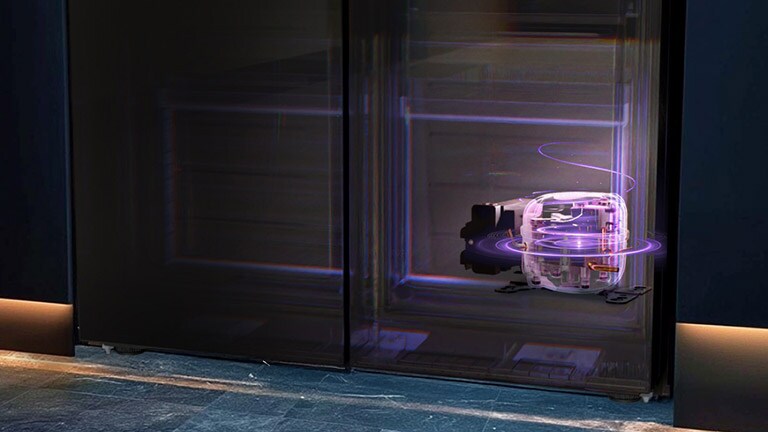 Ilustración transparente y brillante en color púrpura de un compresor de refrigerador con tecnología de IA que muestra los componentes internos.