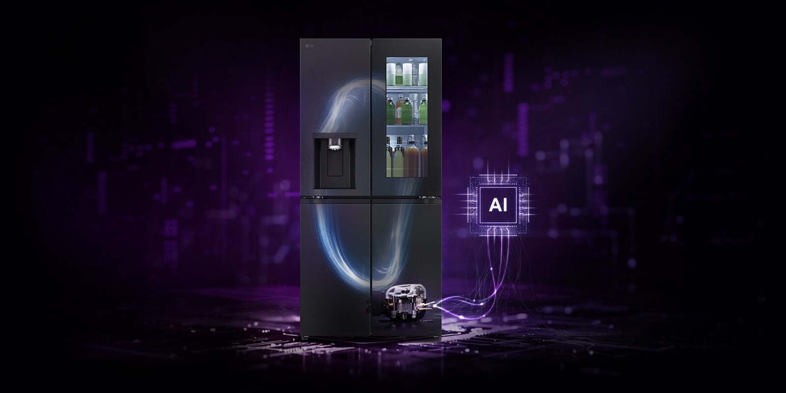 Refrigerador LG con ilustración visible del sistema de almacenamiento y enfriamiento de bebidas, conectado a un ícono de procesador de AI