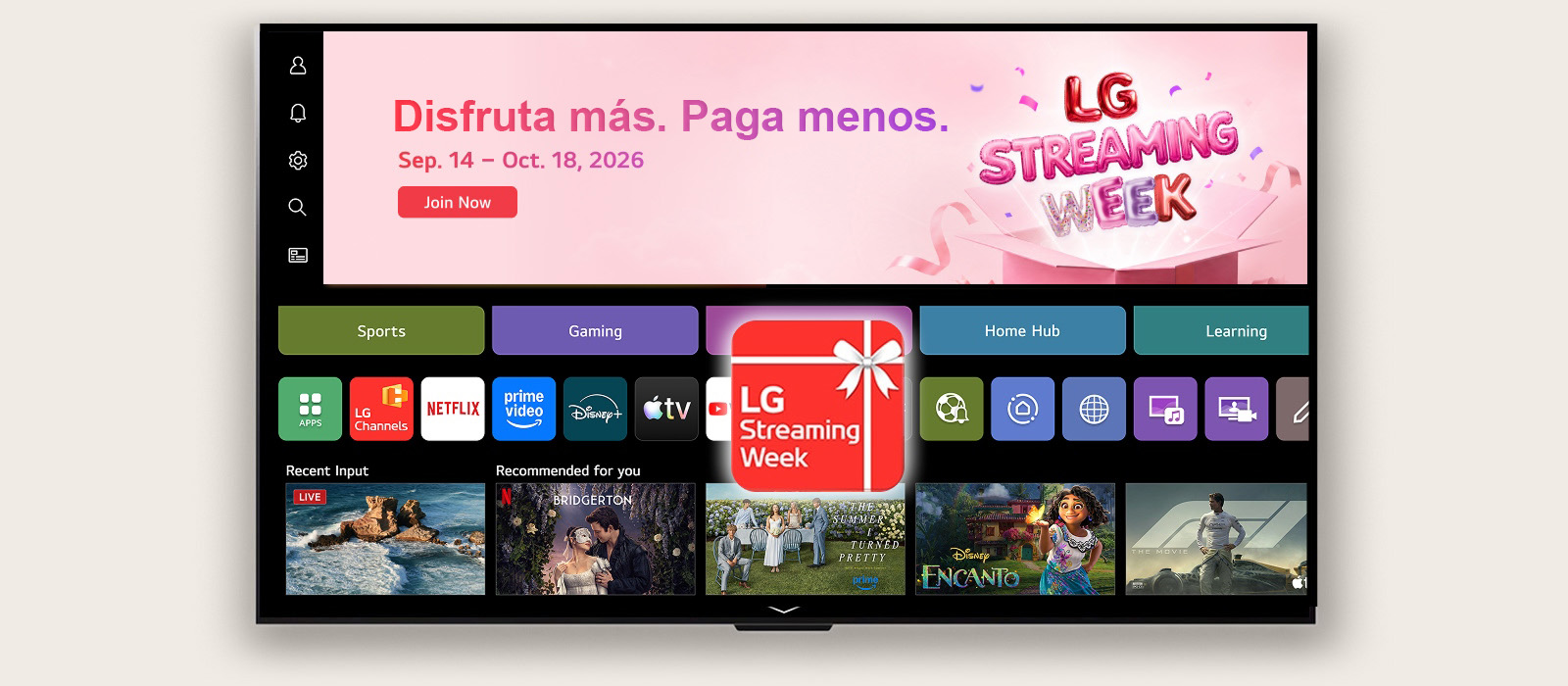 WebOS Home UI que presenta un banner de LG Streaming Week y un ícono de aplicación, con aplicaciones de transmisión y contenido recomendado mostrados en la pantalla.