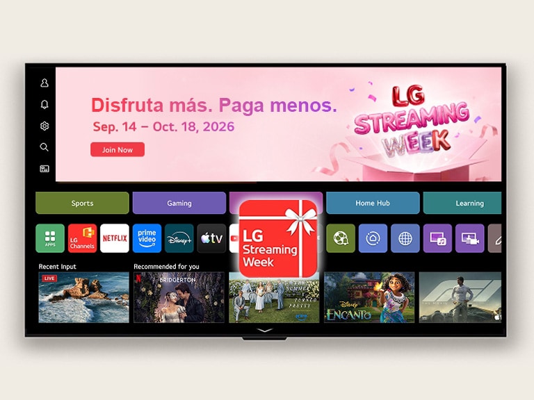 WebOS Home UI que presenta un banner de LG Streaming Week y un ícono de aplicación, con aplicaciones de transmisión y contenido recomendado mostrados en la pantalla.