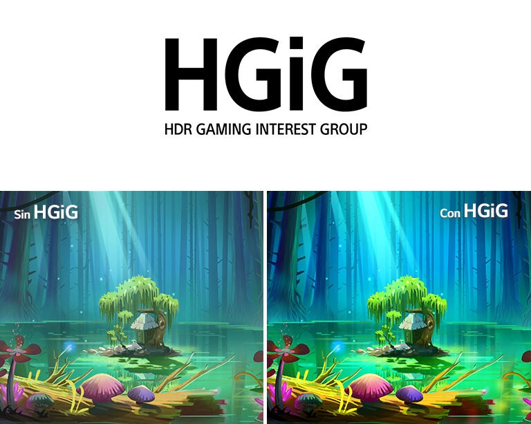 Una imagen animada, una casita y un árbol en un pequeño terreno que está en medio de un estanque rodeado de árboles altos y desnudos. El texto "Con HGiG" en la parte superior derecha es más brillante y de mejor calidad de imagen en comparación con la que no tiene HGiG.