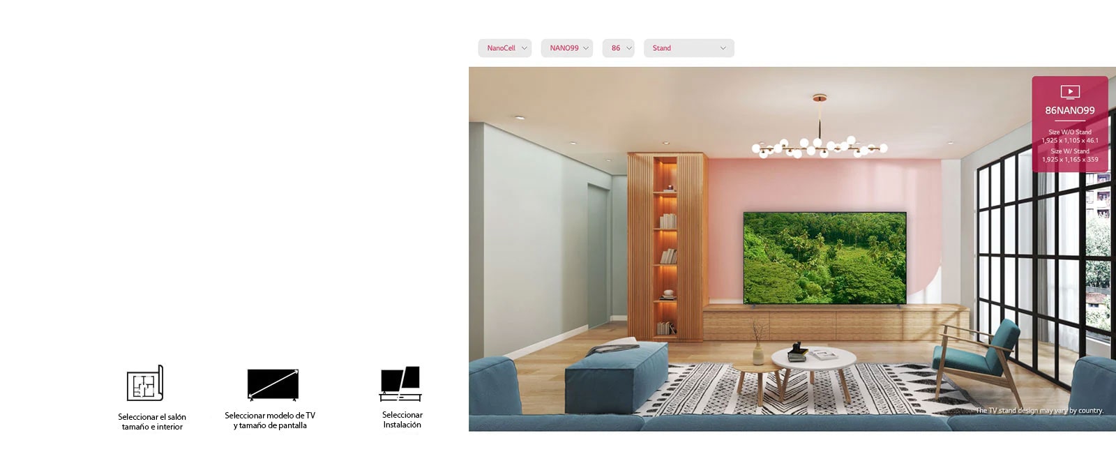 Un televisor de pantalla plana grande montado contra una pared rosa rodeado de muebles naturales. La pantalla muestra un bosque frondoso.