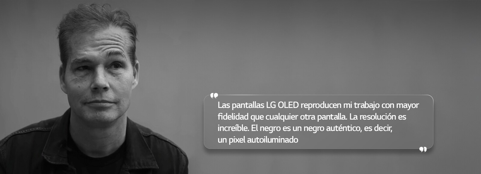 Entrevista a Shepard Fairey con un texto que dice: “Las pantallas LG OLED reproducen mi trabajo con mayor fidelidad que cualquier otra pantalla”. La resolución es increíble. El negro es un negro auténtico, es decir, un pixel autoiluminado” 