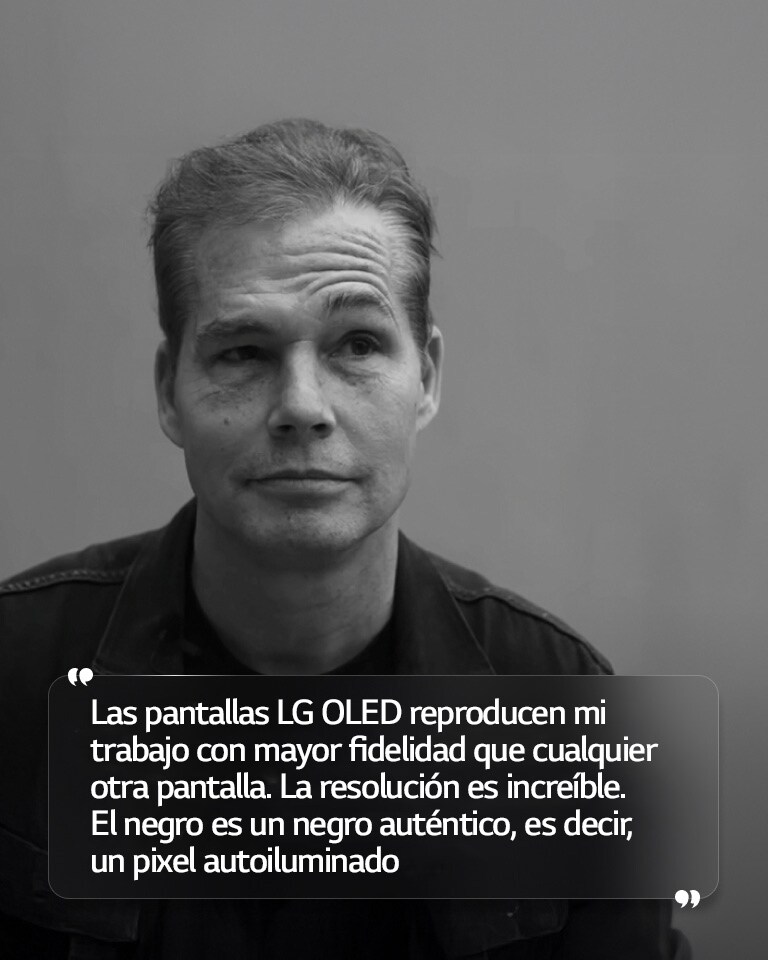 Entrevista a Shepard Fairey con un texto que dice: “Las pantallas LG OLED reproducen mi trabajo con mayor fidelidad que cualquier otra pantalla”. La resolución es increíble. El negro es un negro auténtico, es decir, un pixel autoiluminado” 