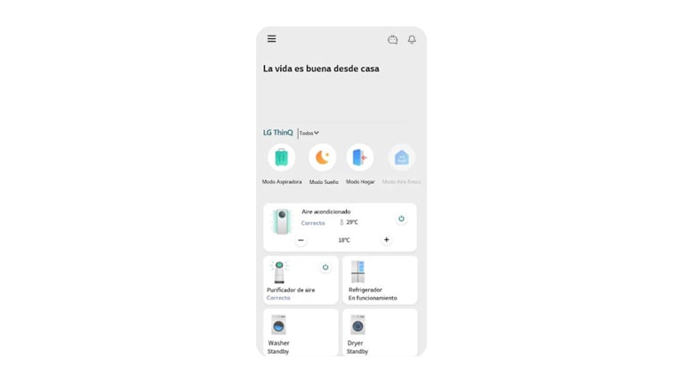 La imagen muestra la pantalla de la aplicación LG ThinQ