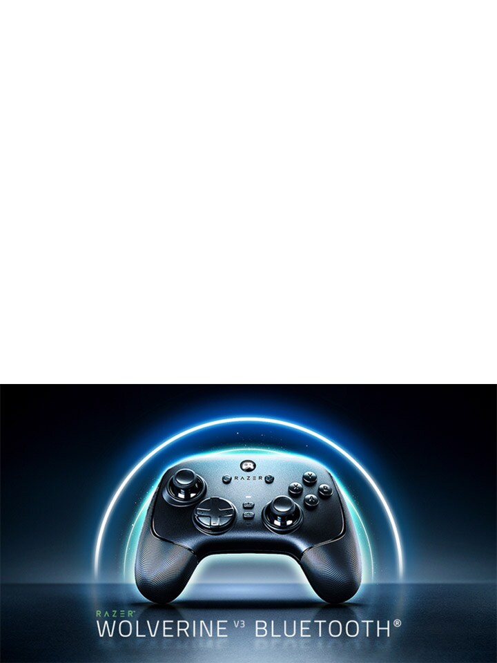 La imagen muestra el controlador Bluetooth LG Razer Wolverine sobre un fondo oscuro, rodeado por un círculo azul brillante, resaltando el nombre del producto de manera prominente debajo.