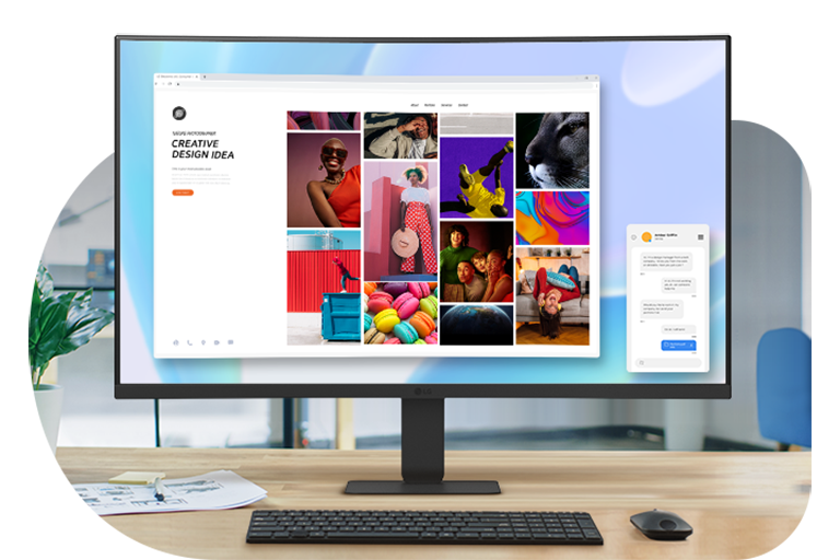 Un monitor curvo FHD de 27 pulgadas sobre un escritorio muestra imágenes y aplicaciones vibrantes. El espacio de trabajo incluye una planta, papeles, un teclado, un mouse, auriculares y café, con una oficina borrosa en el fondo.