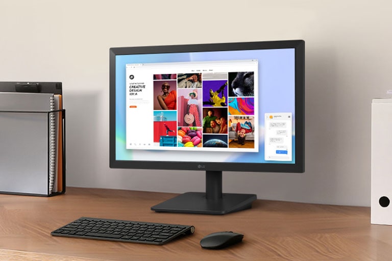 Monitor LG de 19.5" en escritorio, mostrando contenido creativo para un entorno de trabajo cómodo.