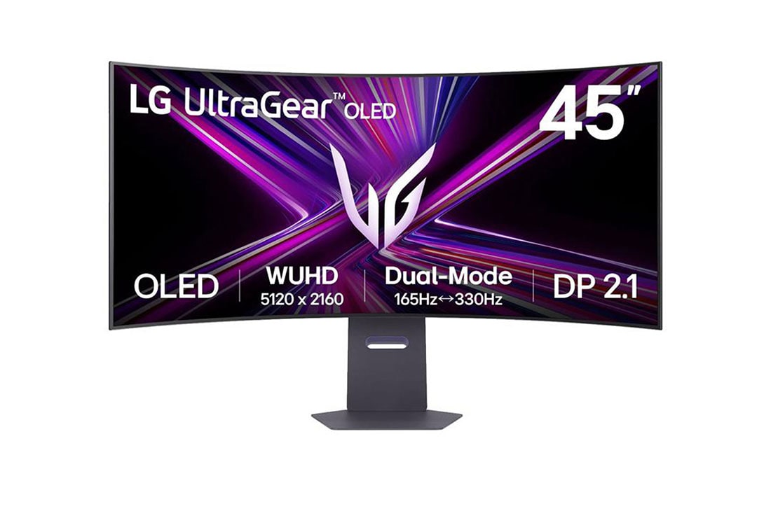 LG Monitor para juegos UltraGear™ OLED 5K2K WUHD de 45” con modo dual de 165 Hz o WFHD de 330 Hz y 0,03 ms, compatible con G-sync y DisplayPort 2.1, extended stand front view, 45GX950A-B