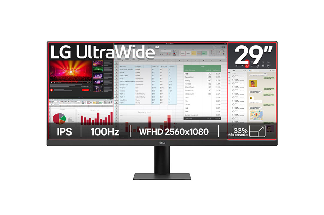 LG Monitor LG UltraWide 29'' WFHD 100Hz IPS compacto para tu espacio, Vista frontal, 29U511A-B
