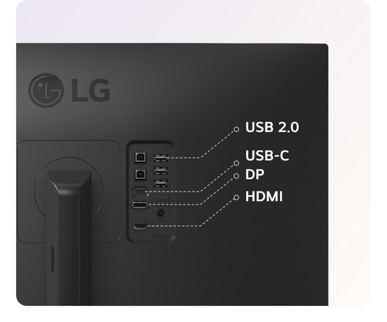Parte posterior del monitor LG mostrando puertos USB 2.0, USB-C, DP y HDMI para una conectividad flexible.