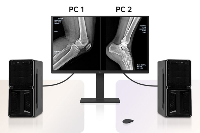 Una imagen mostrando dos PCs conectados a un solo monitor utilizando Dual Controller y KVM Switch para una multitarea fluida.